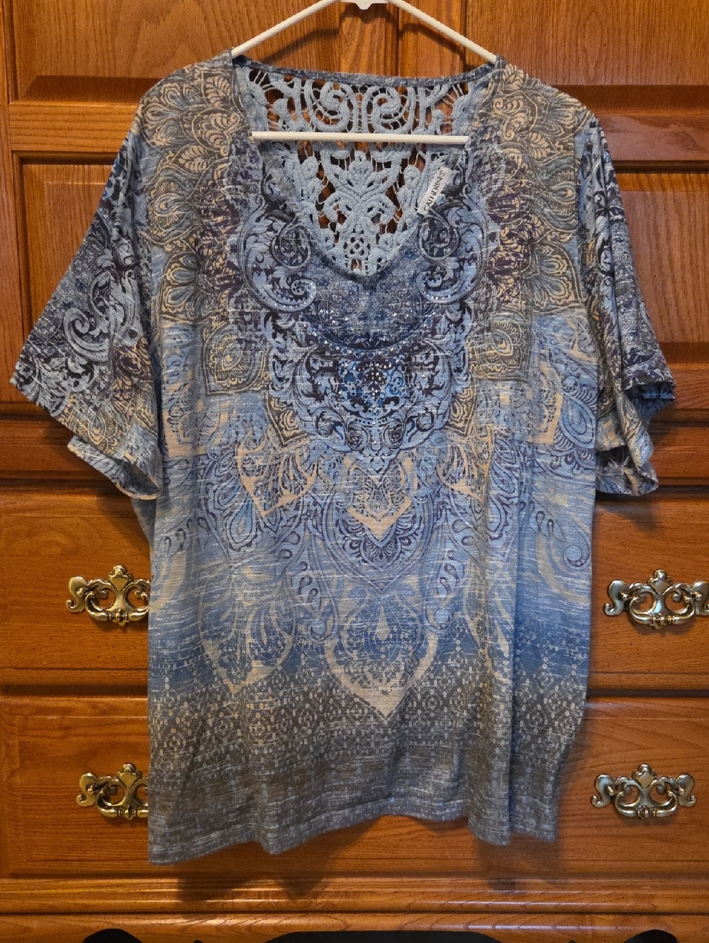 Catherines Blue Paisley Short-Sleeve Tee with Crochet Back